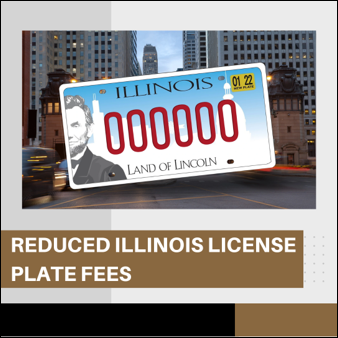 Reduced Illinois License Plate Fees. Illinois Land of Lincoln License Plate with background photo of city streets.